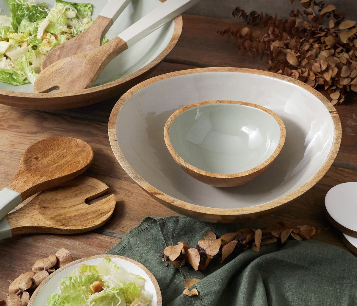 Mango Wood & Taupe Enamel Large Serving Set | CA89 Home