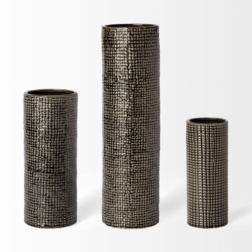 Kona Medium Black/Gold Cylindrical Ceramic Vase