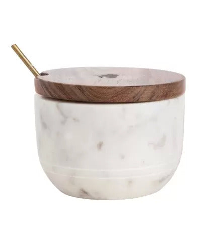 Marble Bowl with Acacia Wood Lid and Brass Spoon