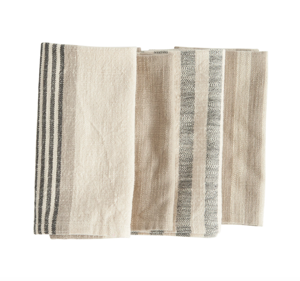 Square Woven Cotton Striped Napkins, Taupe, Black & Cream Color, Set of 4