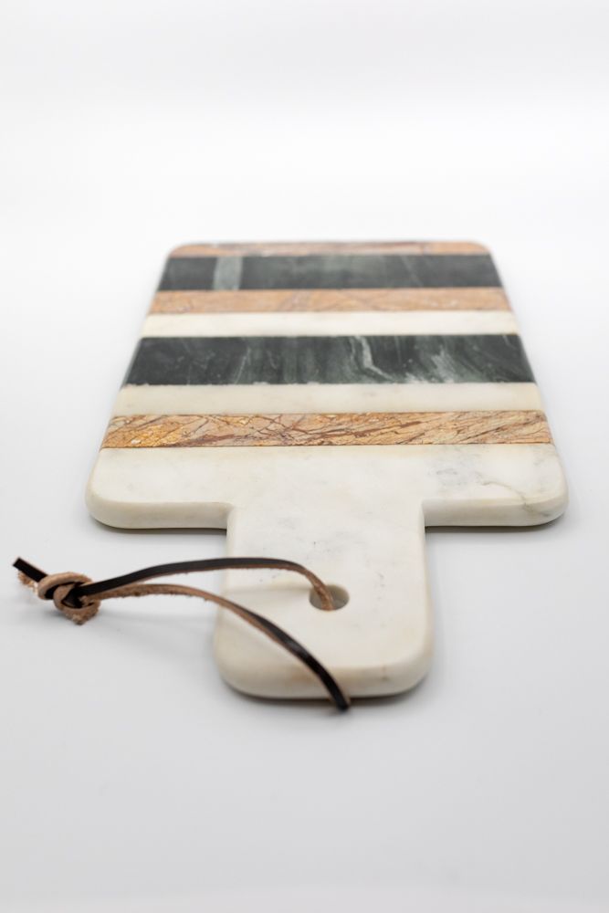 Marble Cutting Board with tri color stripes & leather tie