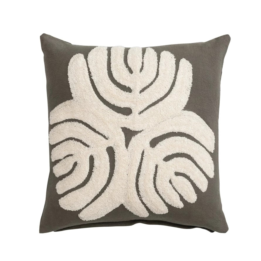 Cotton Slub Pillow w/ Embroidery & Abstract Design, Down Fill