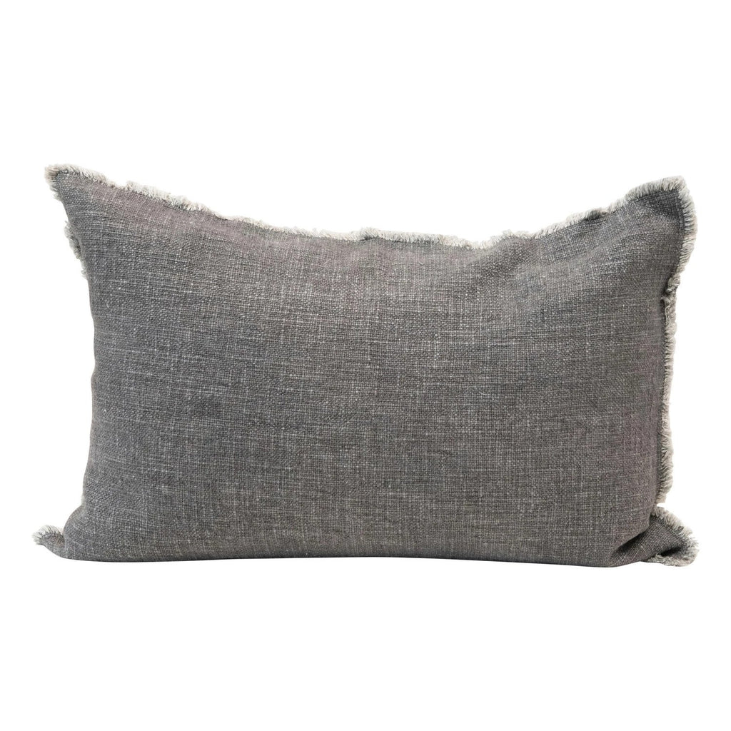 Linen Blend Lumbar Pillow with Frayed Edges Olive 24"x16"
