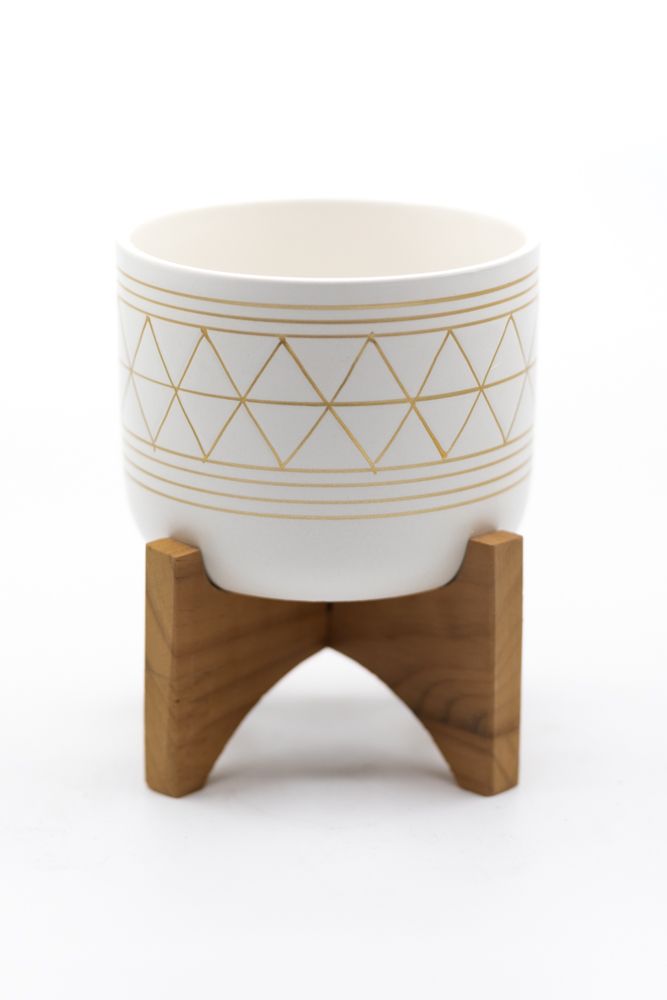 5" White Geo Pot w/ Wood Stand