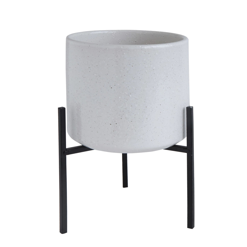 grey plant pot stand White Stoneware Flower Pot with Black Metal Stand