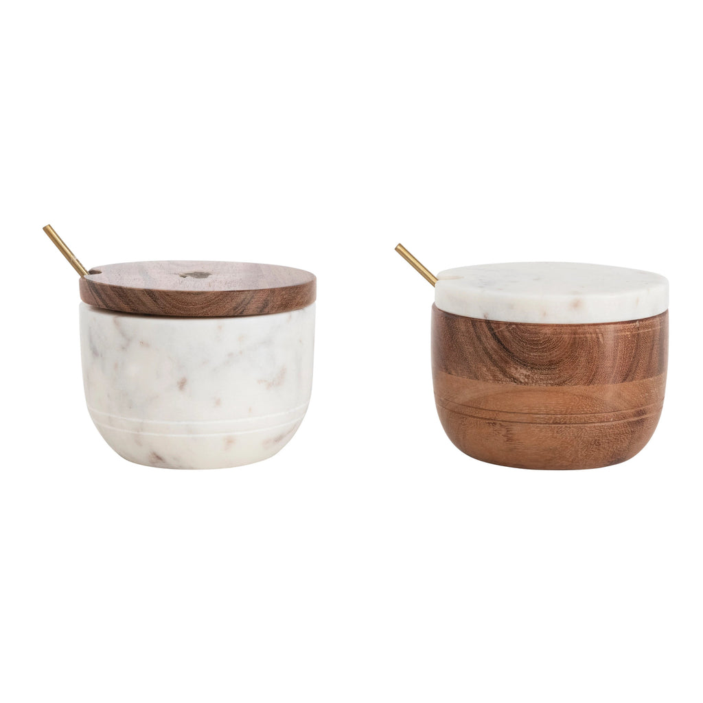 Acacia Wood Bowl with Marble Lid and Brass Spoon