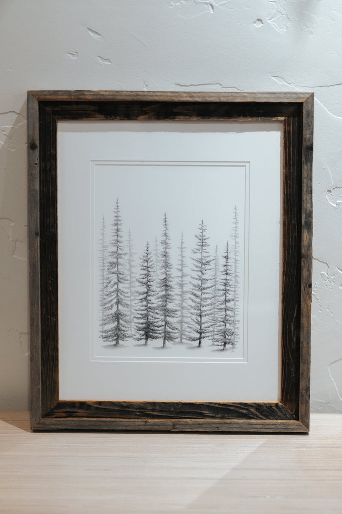 16 x 20 Sketched Pine Trees Print Framed with Matte