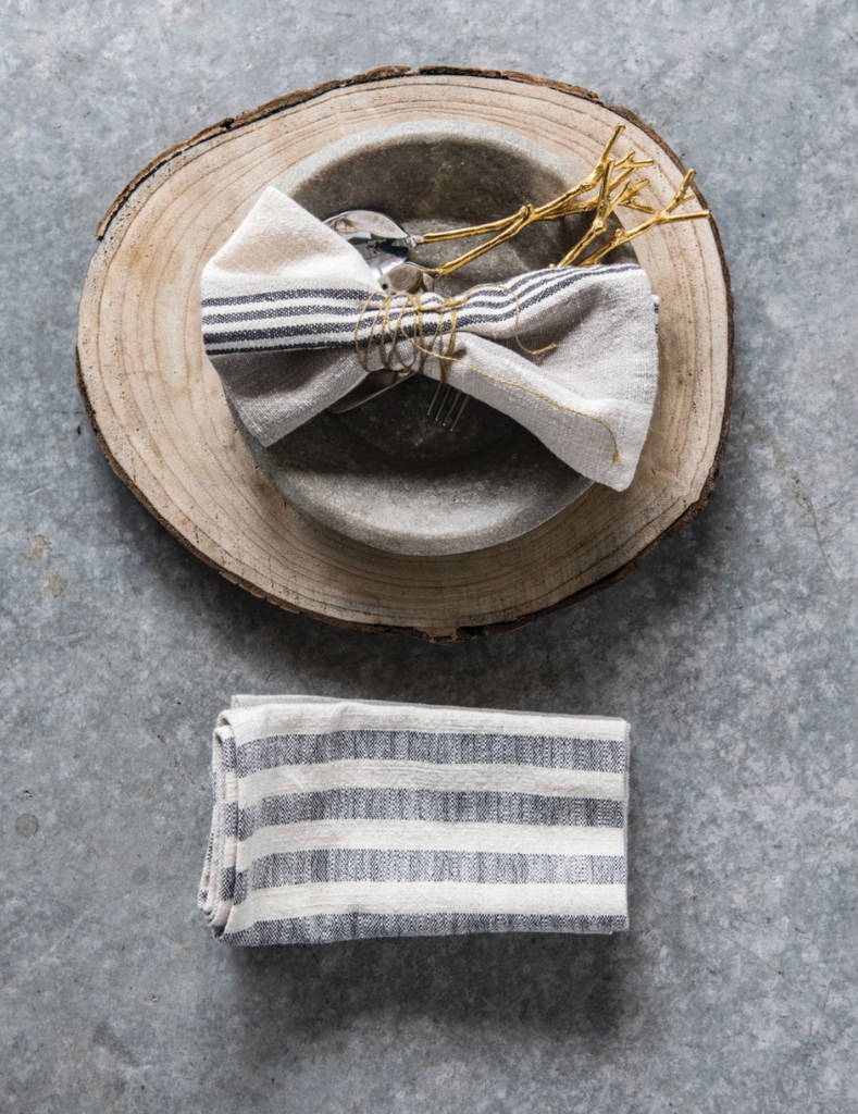Square Woven Cotton Striped Napkins, Taupe, Black & Cream Color, Set of 4