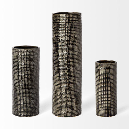 Kona Small Black/Gold Cylindrical Ceramic Vase
