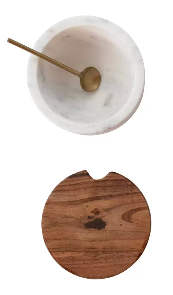 Marble Bowl with Acacia Wood Lid and Brass Spoon