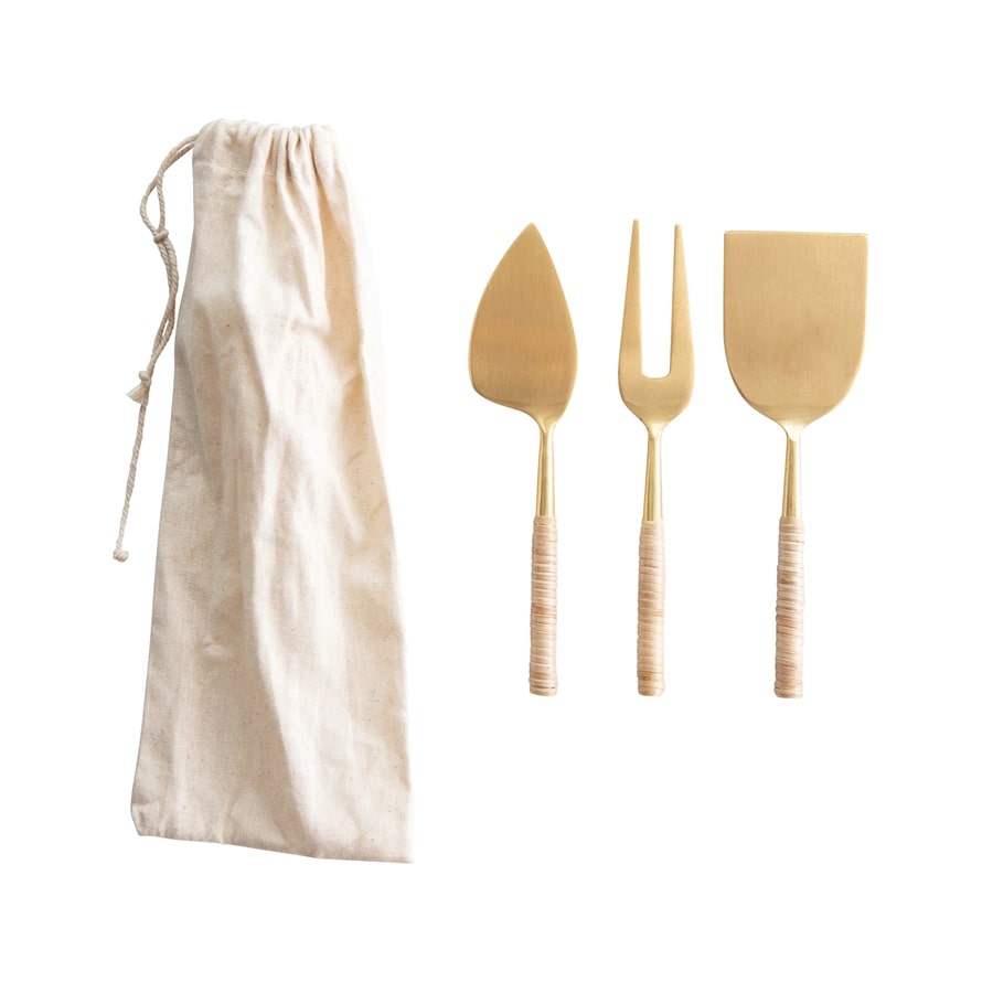 Gold Cheese Servers with Rattan handles