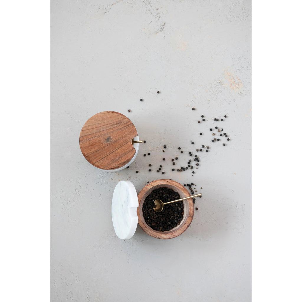 Marble Bowl with Acacia Wood Lid and Brass Spoon