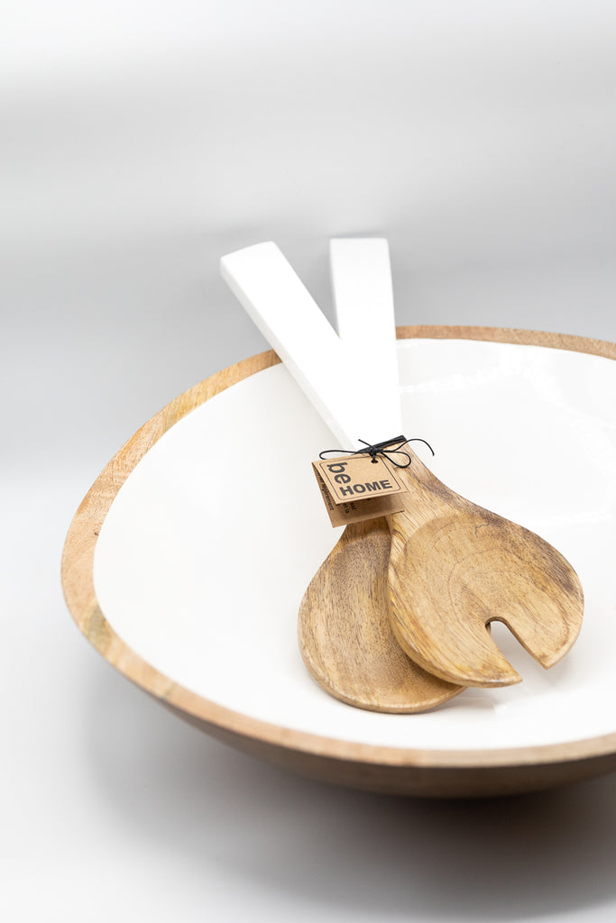 Mango Wood & White Enamel Large Serving Set