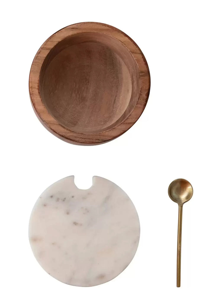 Acacia Wood Bowl with Marble Lid and Brass Spoon