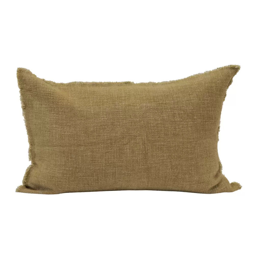Linen Blend Lumbar Pillow with Frayed Edges Olive 24"x16"