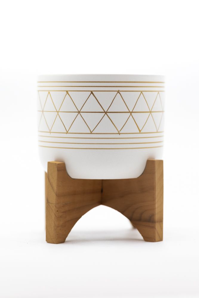 5" White Geo Pot w/ Wood Stand