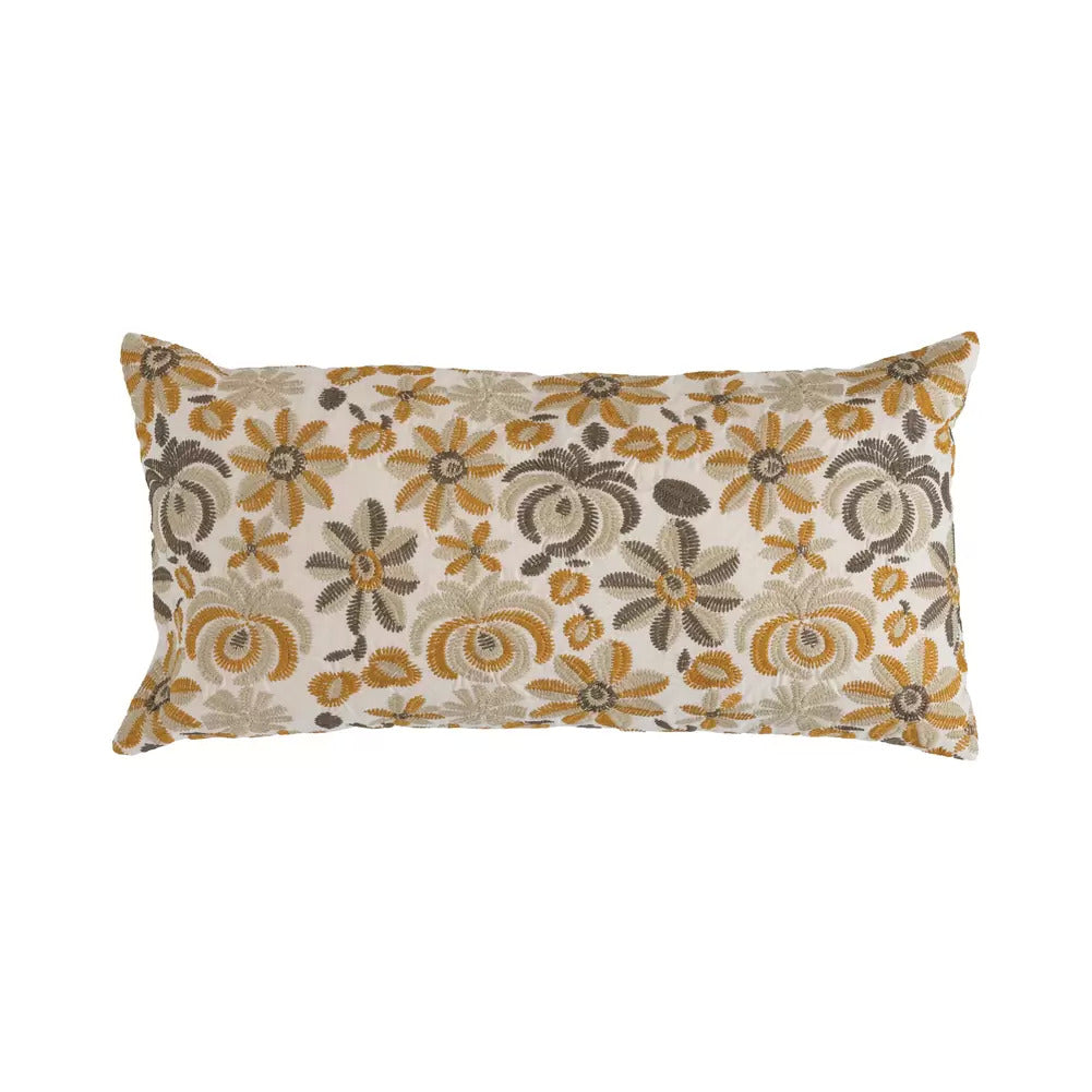 Cotton Embroidered Lumbar Pillow  - Sage Mustard Taupe