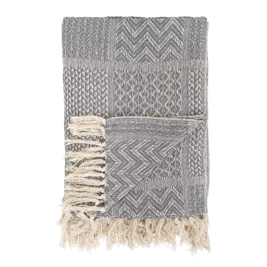Recycled Cotton Blend Knit Throw with Fringe
