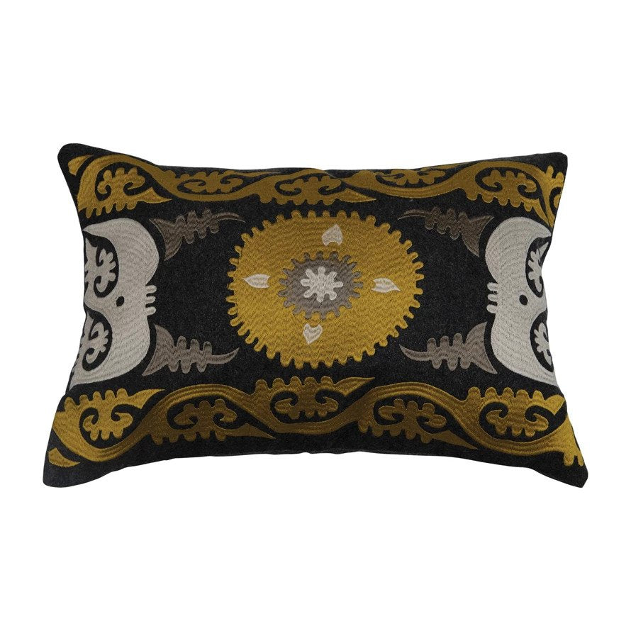 Wool Blend Embroidered Lumbar Pillow